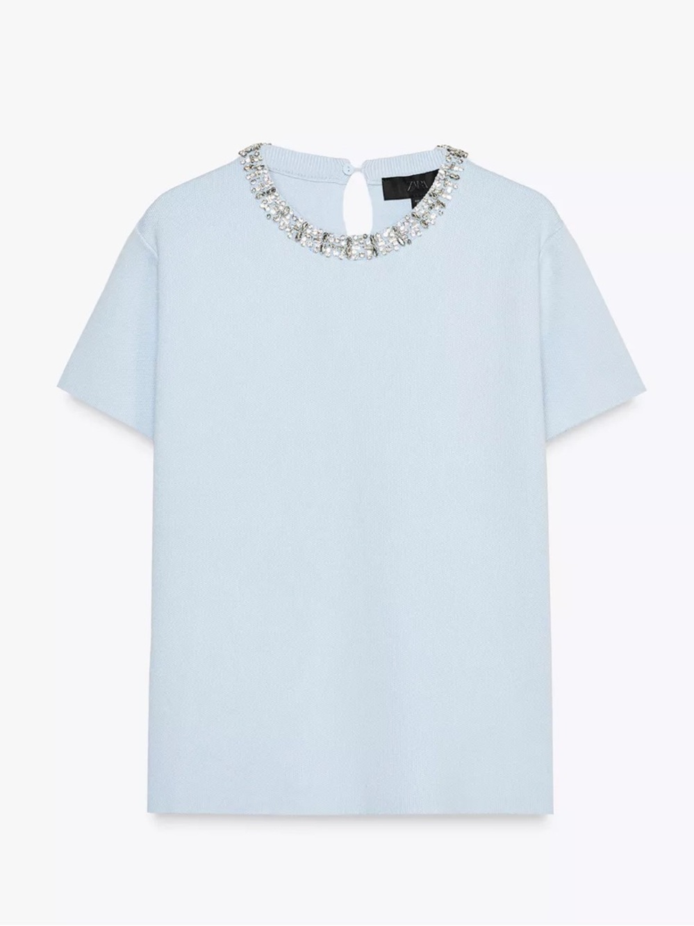 Zara Light Blue Jeweled Neck Short Sleeve Top